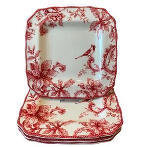 222 Fifth CHRISTMAS LANE Square Dinner Plates 11in Cardinal Red Set of 4 New